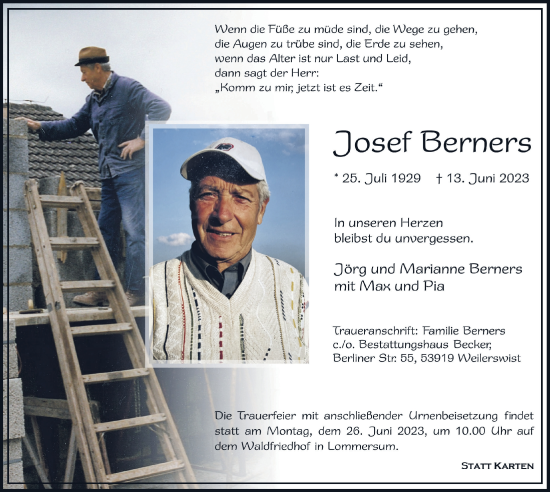 Anzeige von Josef Berners von  Blickpunkt Euskirchen 