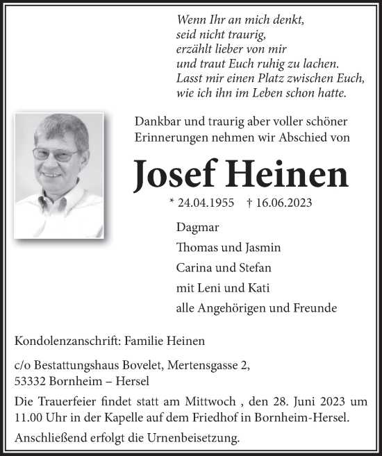 Anzeige von Josef Heinen von  Schaufenster/Blickpunkt 