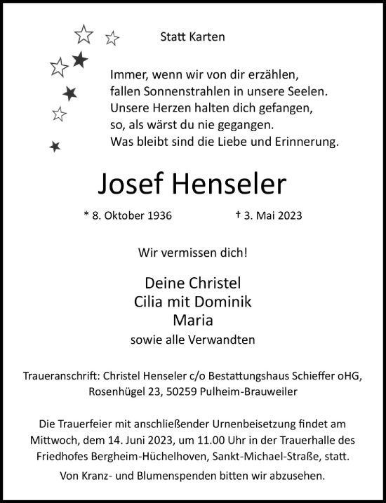 Anzeige von Josef Henseler von  Werbepost 