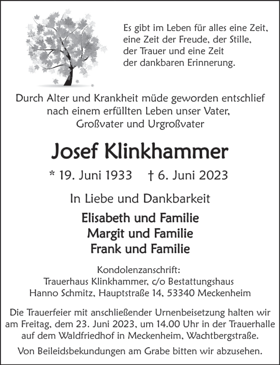 Anzeige von Josef Klinkhammer von  Schaufenster/Blickpunkt 