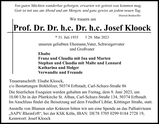 Anzeige von Josef Kloock von Kölner Stadt-Anzeiger / Kölnische Rundschau / Express