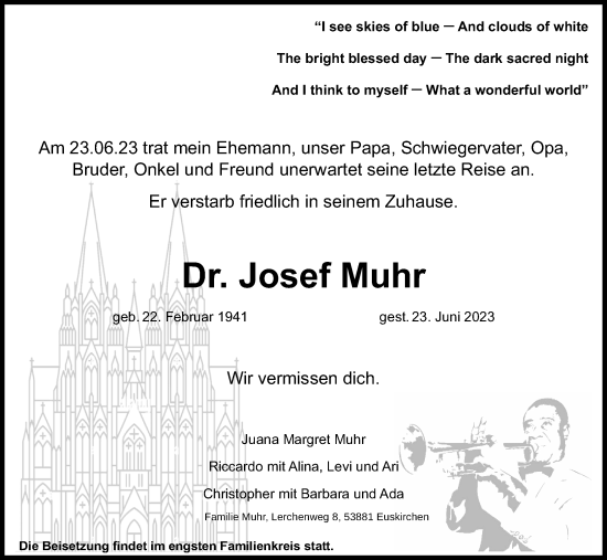 Anzeige von Josef Muhr von Kölner Stadt-Anzeiger / Kölnische Rundschau / Express