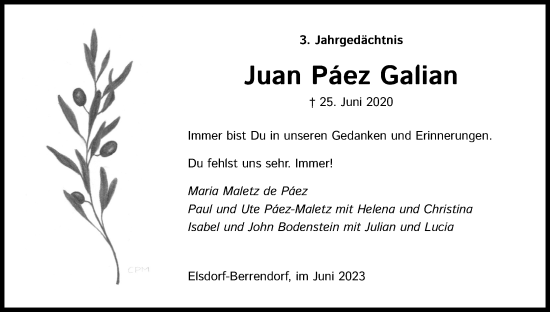 Anzeige von Juan Paez Galian von Kölner Stadt-Anzeiger / Kölnische Rundschau / Express