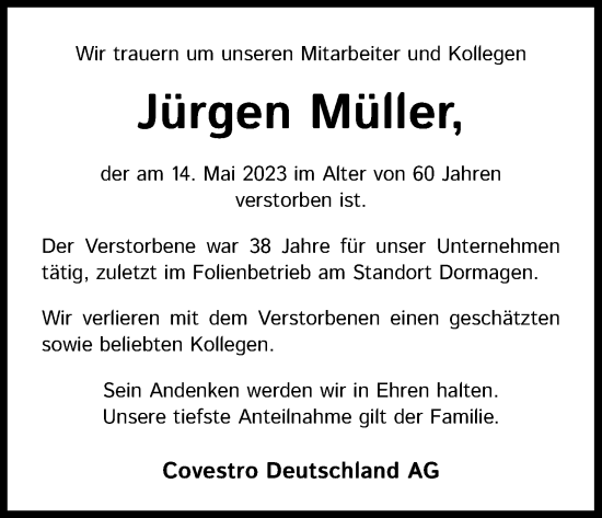 Anzeige von Jürgen Müller von Kölner Stadt-Anzeiger / Kölnische Rundschau / Express