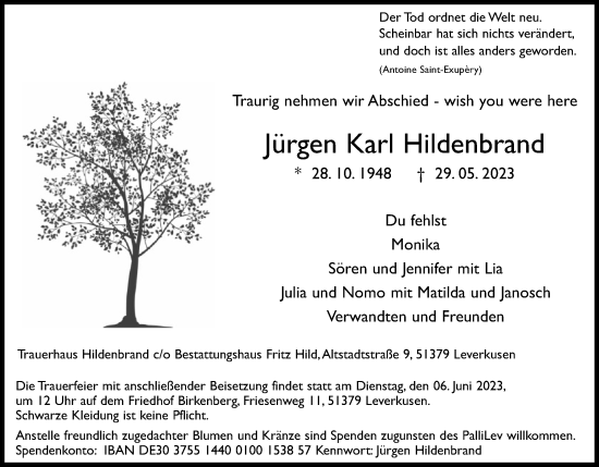 Anzeige von Jürgen Karl Hildenbrand von Kölner Stadt-Anzeiger / Kölnische Rundschau / Express