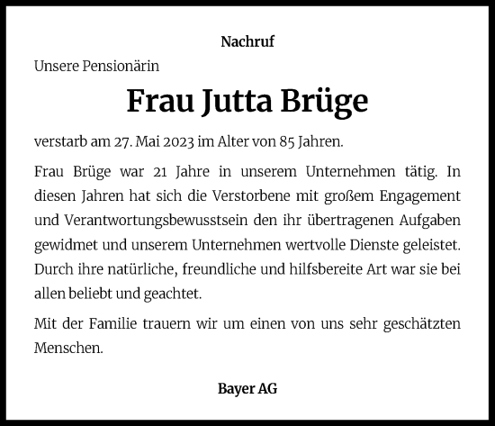 Anzeige von Jutta Brüge von Kölner Stadt-Anzeiger / Kölnische Rundschau / Express