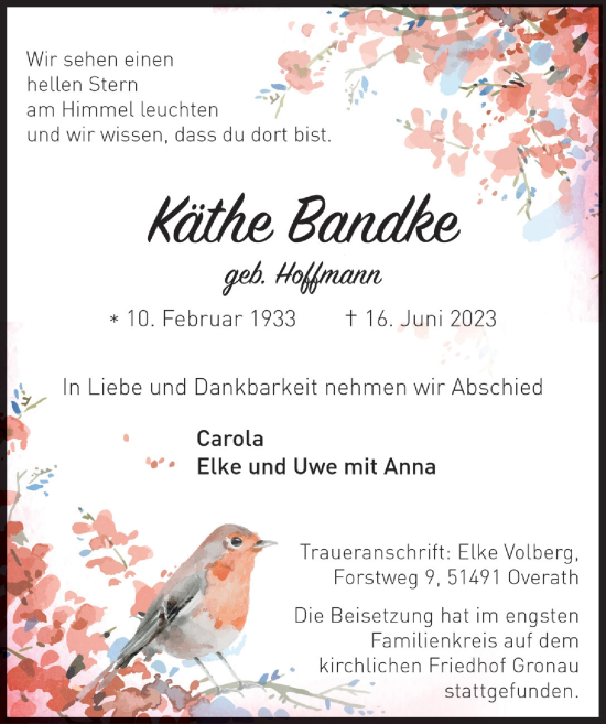 Anzeige von Käthe Bandke von  Bergisches Handelsblatt 