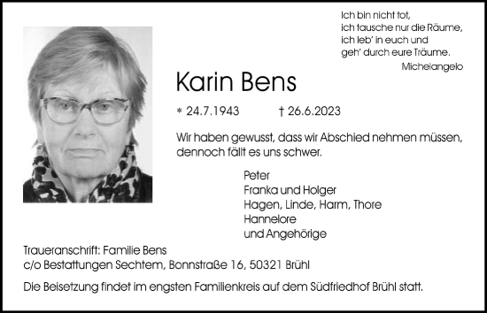Anzeige von Karin Bens von  Schlossbote/Werbekurier 