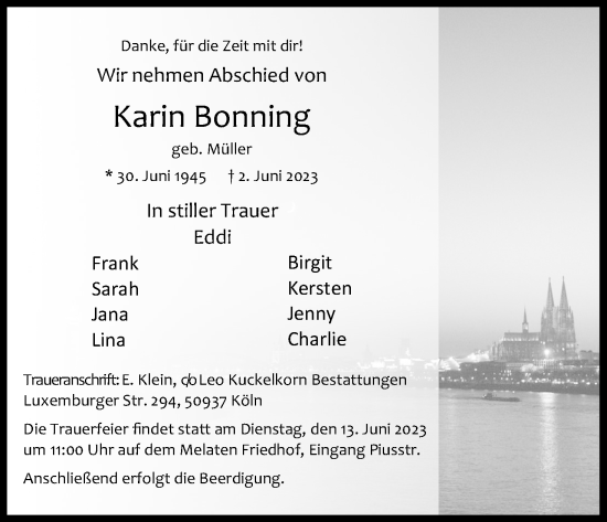 Anzeige von Karin Bonning von Kölner Stadt-Anzeiger / Kölnische Rundschau / Express