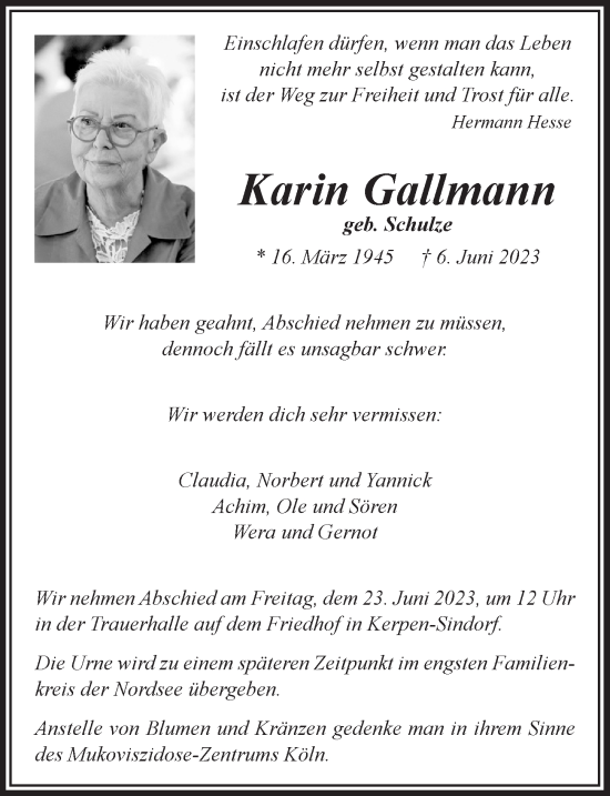 Anzeige von Karin Gallmann von  Werbepost 