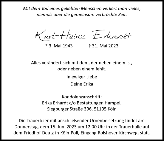 Anzeige von Karl-Heinz Erhardt von Kölner Stadt-Anzeiger / Kölnische Rundschau / Express