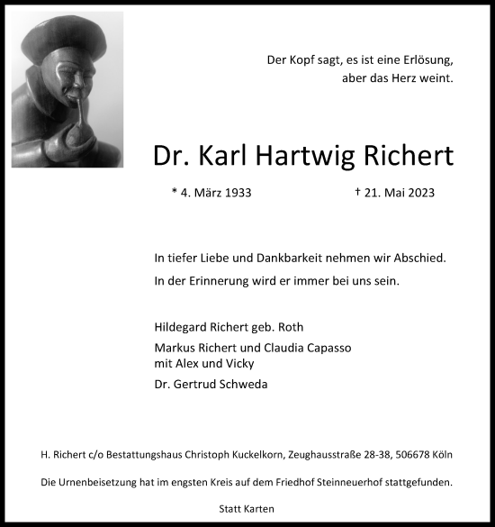 Anzeige von Karl Hartwig Richert von Kölner Stadt-Anzeiger / Kölnische Rundschau / Express