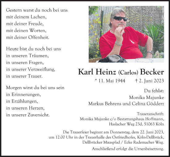 Anzeige von Karl Heinz Becker von Kölner Stadt-Anzeiger / Kölnische Rundschau / Express