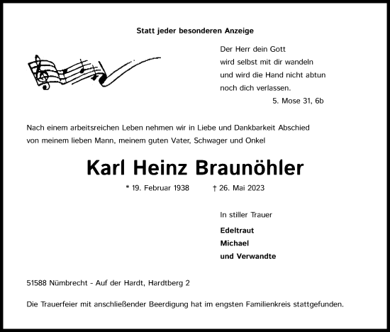 Anzeige von Karl Heinz Braunöhler von Kölner Stadt-Anzeiger / Kölnische Rundschau / Express