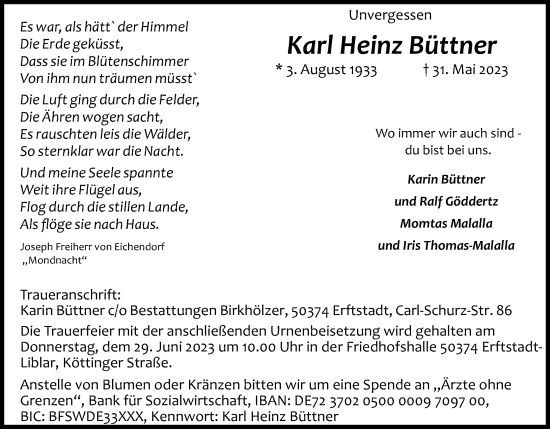 Anzeige von Karl Heinz Büttner von Kölner Stadt-Anzeiger / Kölnische Rundschau / Express