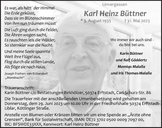 Anzeige von Karl Heinz Büttner von  Wochenende  Werbepost 
