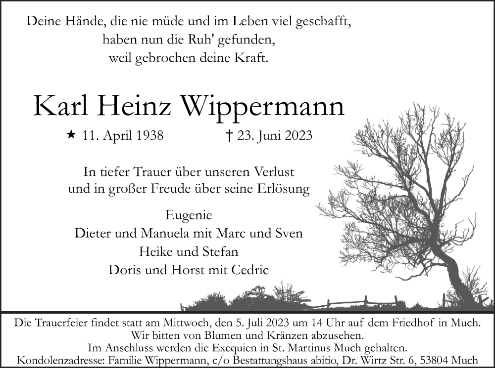  Traueranzeige für Karl Heinz Wippermann vom 01.07.2023 aus Kölner Stadt-Anzeiger / Kölnische Rundschau / Express