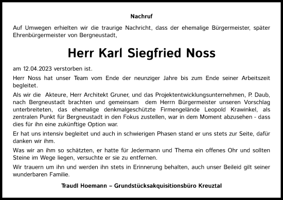 Anzeige von Karl Siegfried Noss von Kölner Stadt-Anzeiger / Kölnische Rundschau / Express