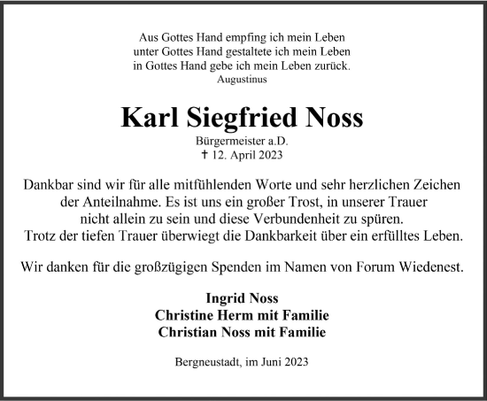 Anzeige von Karl Siegfried Noss von  Anzeigen Echo 