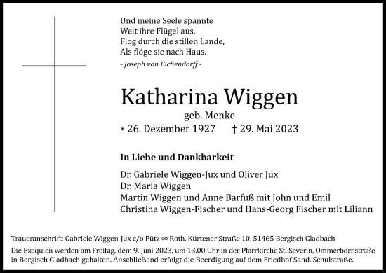 Anzeige von Katharina Wiggen von Kölner Stadt-Anzeiger / Kölnische Rundschau / Express
