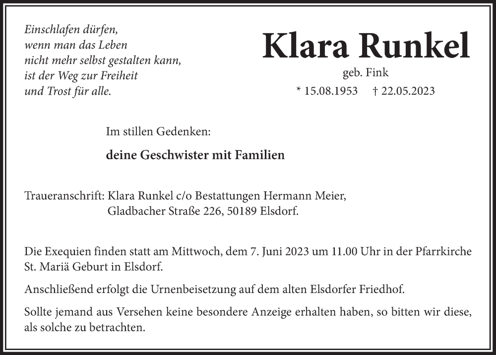  Traueranzeige für Klara Runkel vom 02.06.2023 aus  Werbepost 
