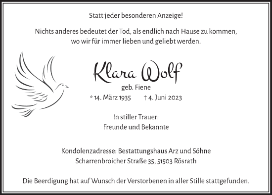 Anzeige von Klara Wolf von  Bergisches Handelsblatt 