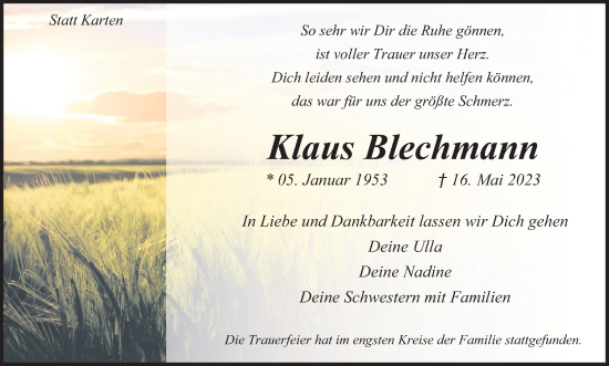Anzeige von Klaus Blechmann von Kölner Stadt-Anzeiger / Kölnische Rundschau / Express