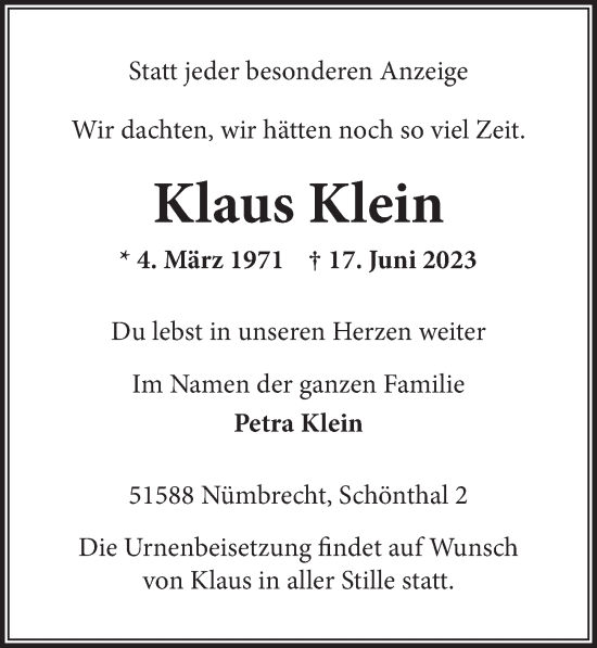 Anzeige von Klaus Klein von  Lokalanzeiger 