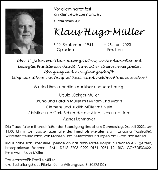 Anzeige von Klaus Hugo Müller von  Wochenende 
