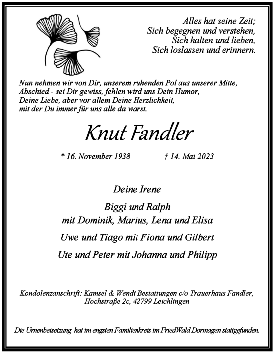 Anzeige von Knut Fandler von Kölner Stadt-Anzeiger / Kölnische Rundschau / Express