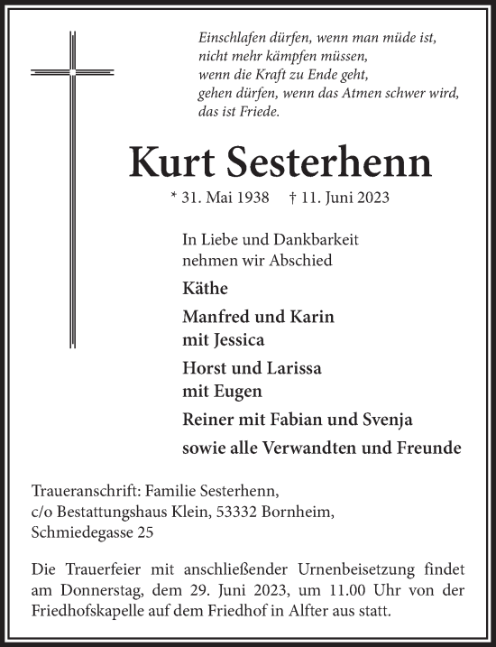 Anzeige von Kurt Sesterhenn von  Schaufenster/Blickpunkt 