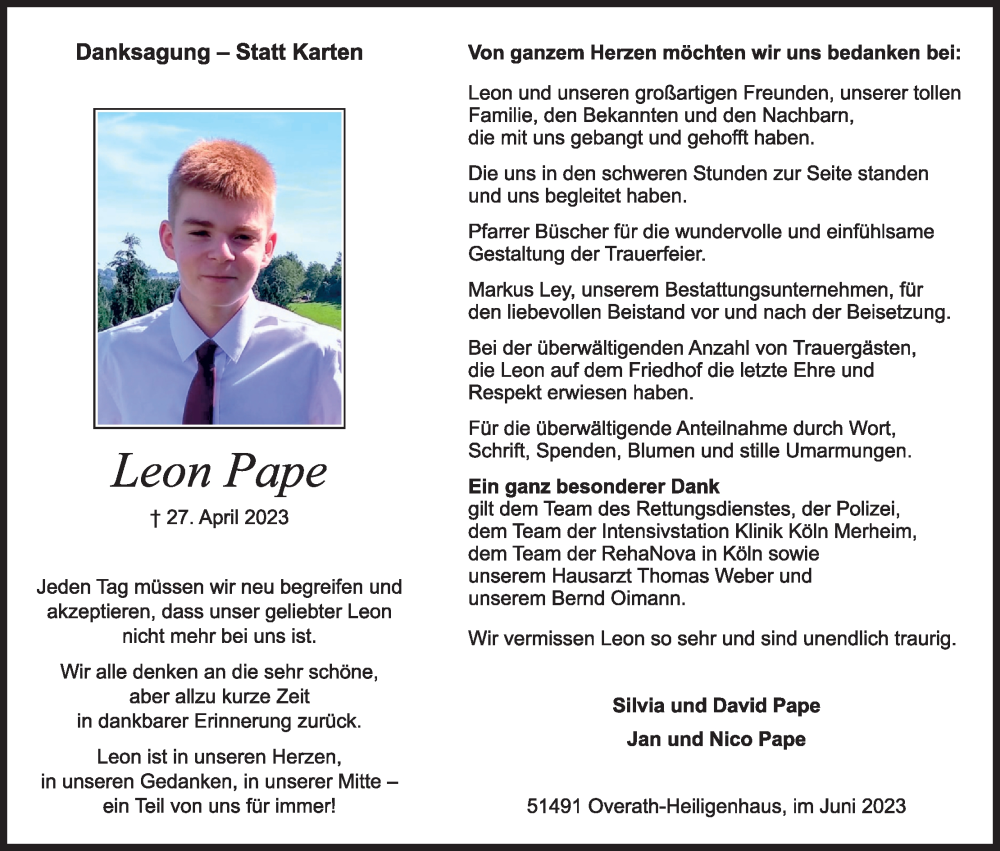  Traueranzeige für Leon Pape vom 17.06.2023 aus Kölner Stadt-Anzeiger / Kölnische Rundschau / Express