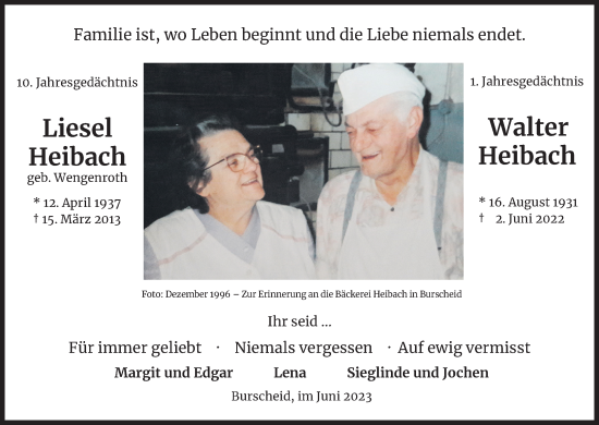 Anzeige von Liesel Heibach von Kölner Stadt-Anzeiger / Kölnische Rundschau / Express