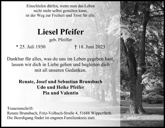 Anzeige von Liesel Pfeifer von Kölner Stadt-Anzeiger / Kölnische Rundschau / Express