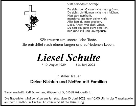 Anzeige von Liesel Schulte von Kölner Stadt-Anzeiger / Kölnische Rundschau / Express