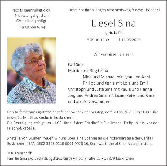 Anzeige von Liesel Sina von Kölner Stadt-Anzeiger / Kölnische Rundschau / Express