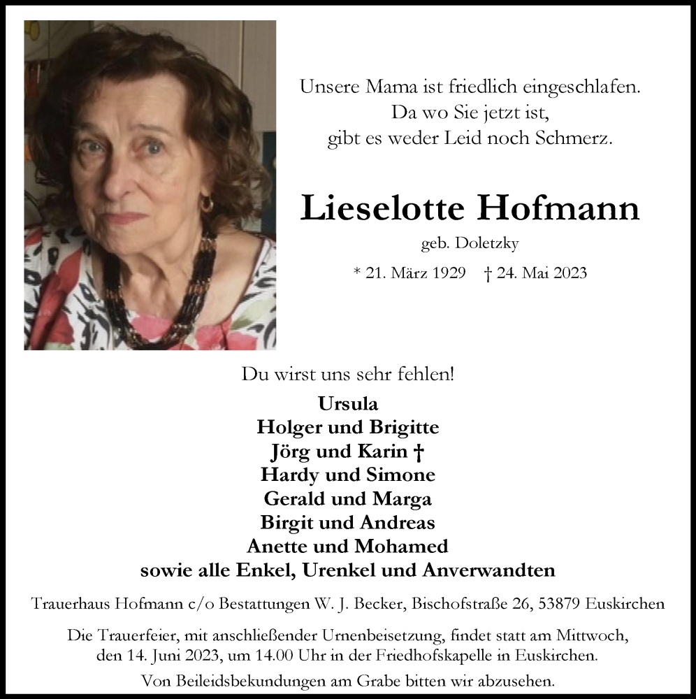 Traueranzeigen von Lieselotte Hofmann | WirTrauern