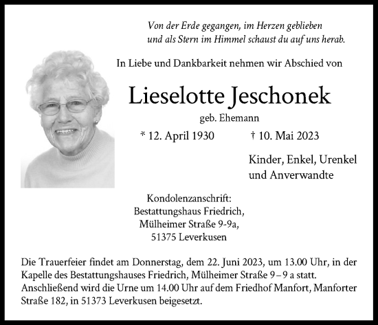 Anzeige von Lieselotte Jeschonek von Kölner Stadt-Anzeiger / Kölnische Rundschau / Express