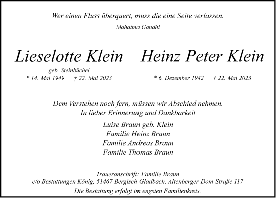 Anzeige von Lieselotte Klein von  Bergisches Handelsblatt 