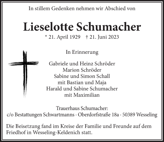 Anzeige von Lieselotte Schumacher von  Schlossbote/Werbekurier 