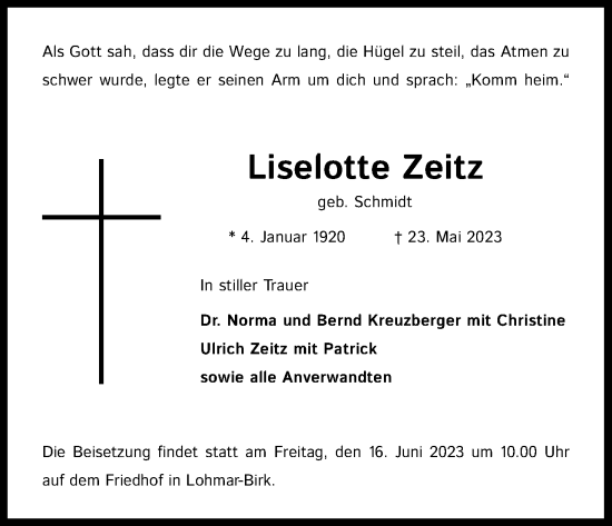 Anzeige von Liselotte Zeitz von Kölner Stadt-Anzeiger / Kölnische Rundschau / Express