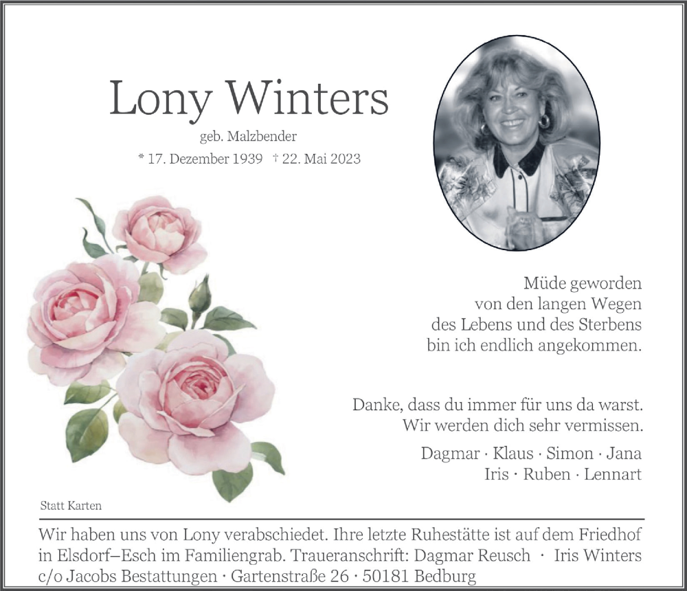  Traueranzeige für Lony Winters vom 02.06.2023 aus  Werbepost 