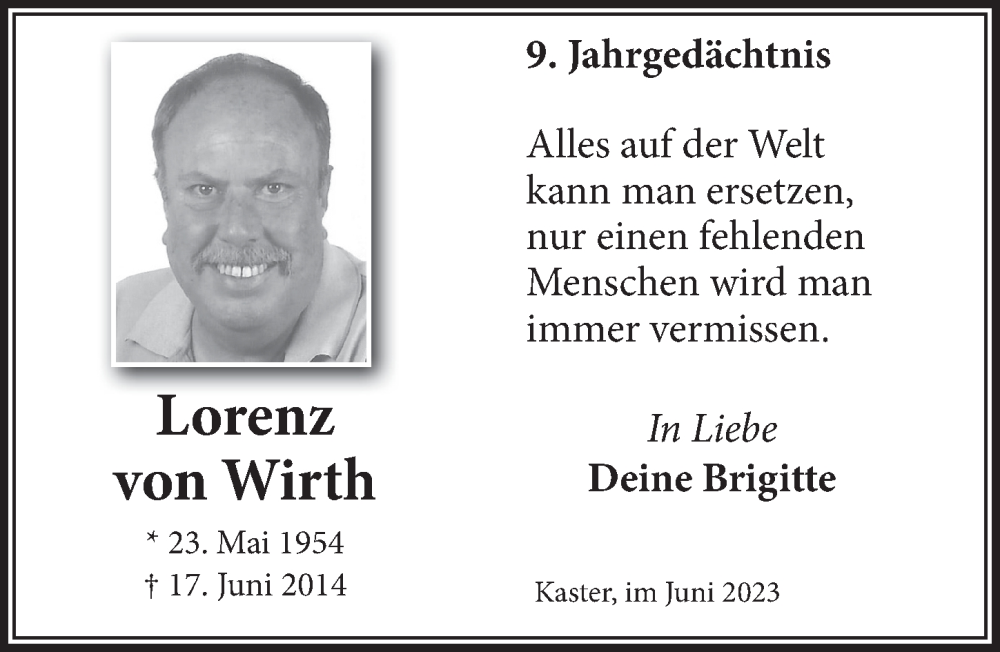  Traueranzeige für Lorenz von Wirth vom 18.07.2023 aus  Werbepost 