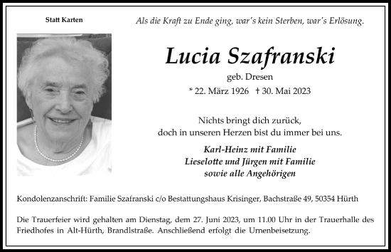 Anzeige von Lucia Szafranski von  Wochenende 