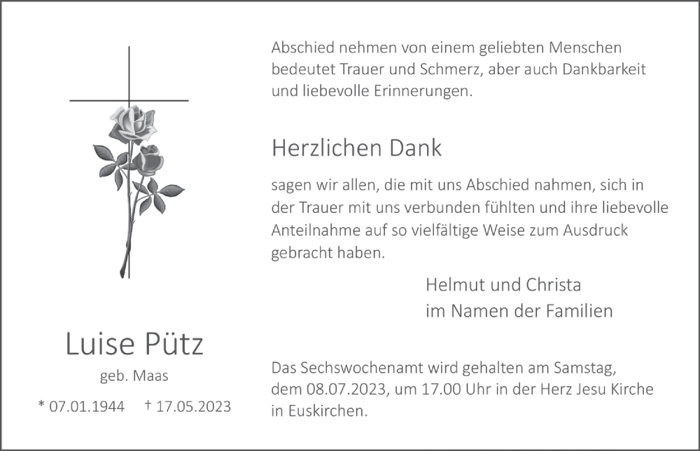  Traueranzeige für Luise Pütz vom 24.06.2023 aus  Blickpunkt Euskirchen 