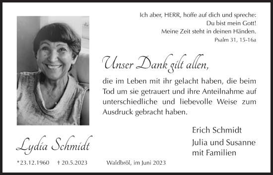 Anzeige von Lydia Schmidt von  Lokalanzeiger 