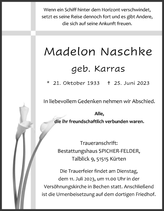 Anzeige von Madelon Naschke von Kölner Stadt-Anzeiger / Kölnische Rundschau / Express