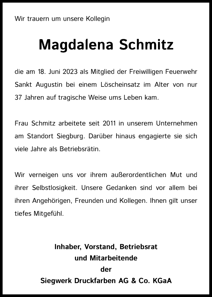  Traueranzeige für Magdalena Schmitz vom 24.06.2023 aus Kölner Stadt-Anzeiger / Kölnische Rundschau / Express