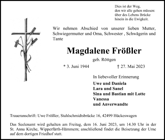 Anzeige von Magdalene Frößler von Kölner Stadt-Anzeiger / Kölnische Rundschau / Express