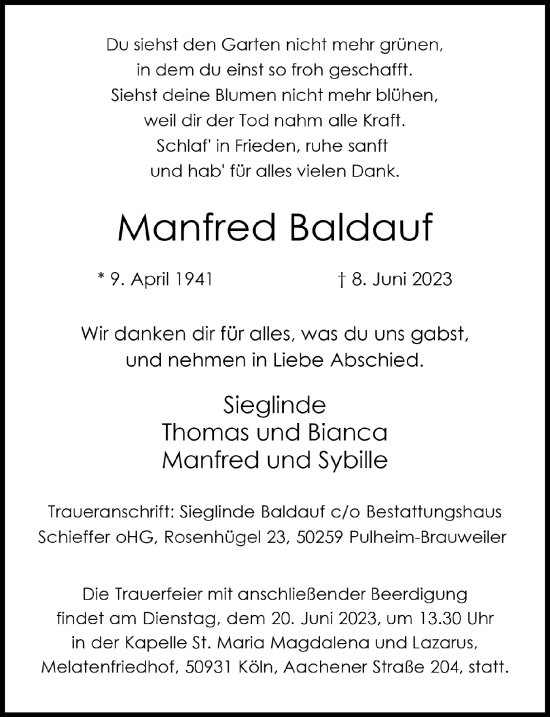 Anzeige von Manfred Baldauf von  Wochenende 